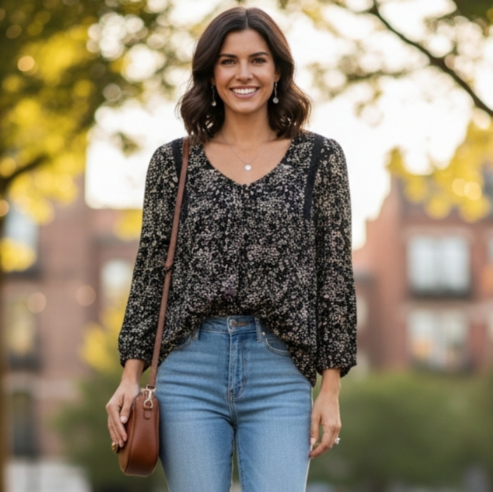 American Eagle Floral Boho Peasant Blouse – Small – Black & Tan 3/4 Sleeves
